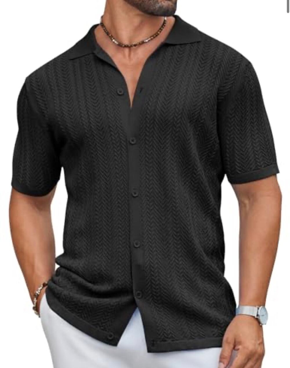 Coofandy Mens New Black Textured Knit Short Sleeve Button Down Shirt Size XL